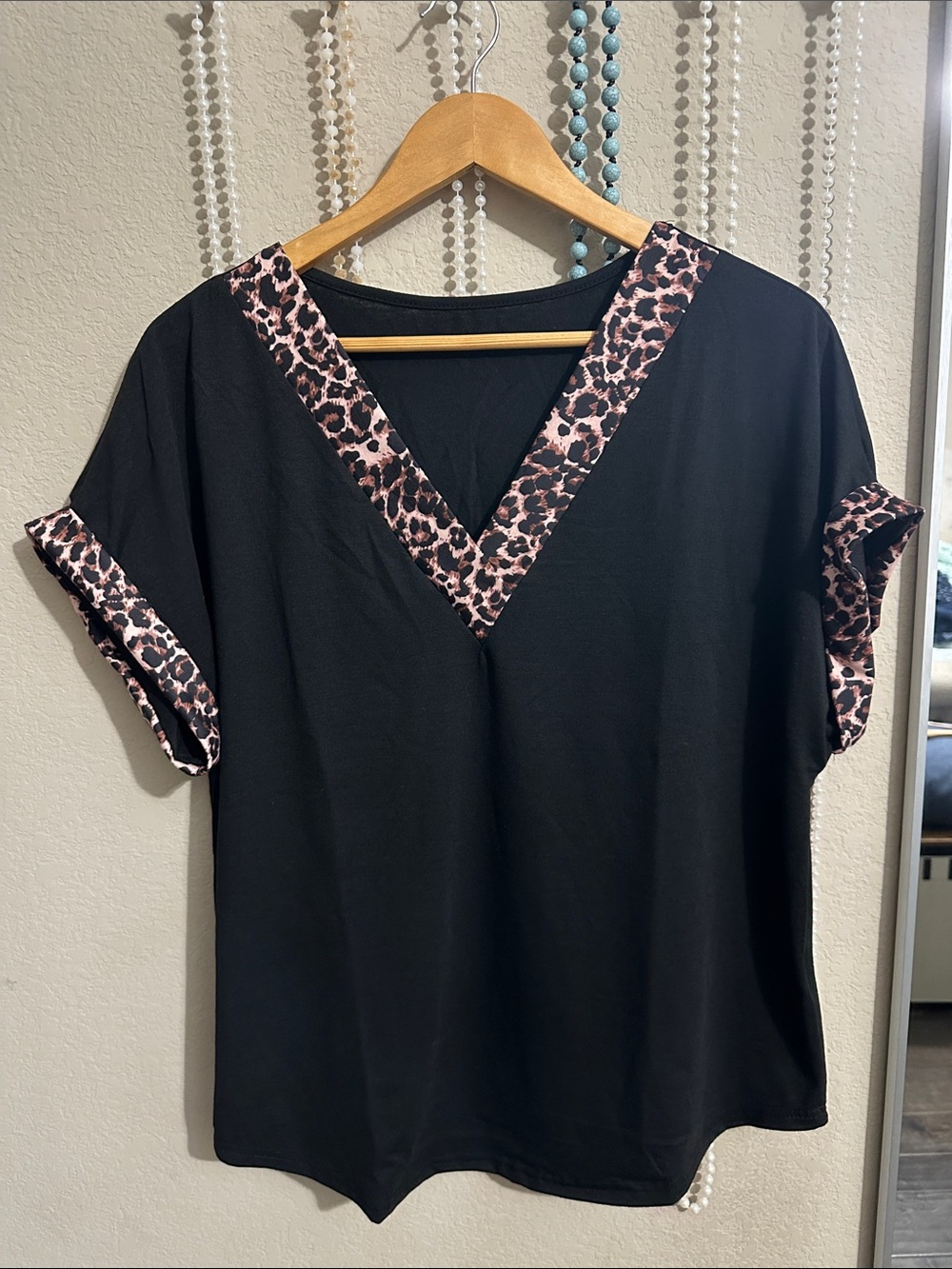 Black Top with Pink Leopard Trim - Women's V-Neck Shirt